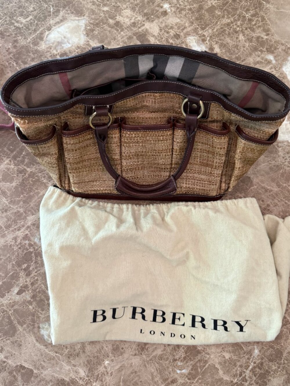Burberry Straw and Leather Tote Bag